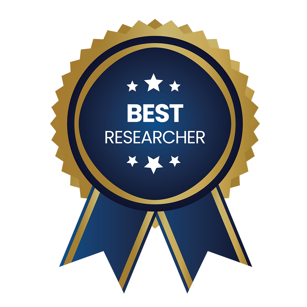 Best Researcher award, navy blue and gold seal with white text and stars.