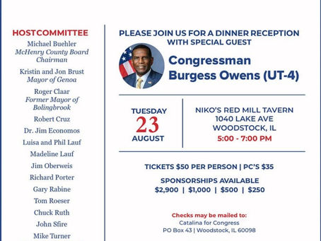 Catalina Lauf fundraiser with Burgess Owens. RSVP: Sallie@Nyahn.co or 847.657.0001