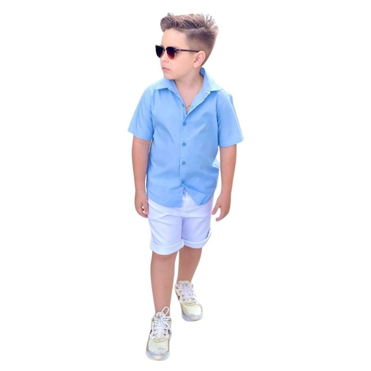 Conjunto Social Infantil Masculino - Bermuda e Camisa - Azul-claro com Branco