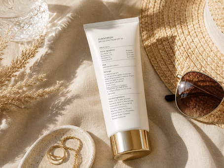 Luxury sunscreen flat lay with SPF bottle, straw hat, and sunglasses illustrating sunscreen ingredients and broad-spectrum sun protection.