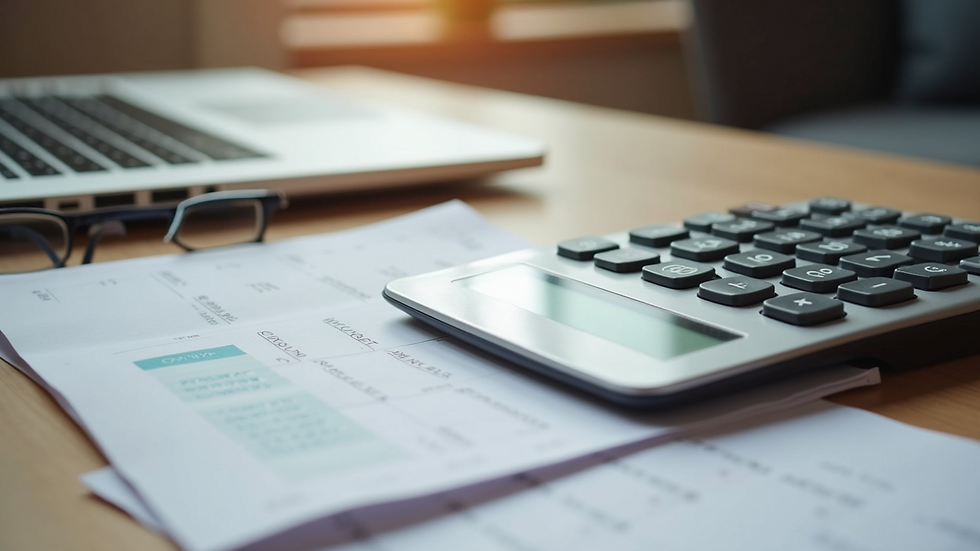 High angle view of a calculator and notebook on a desk for budgeting coaching expenses