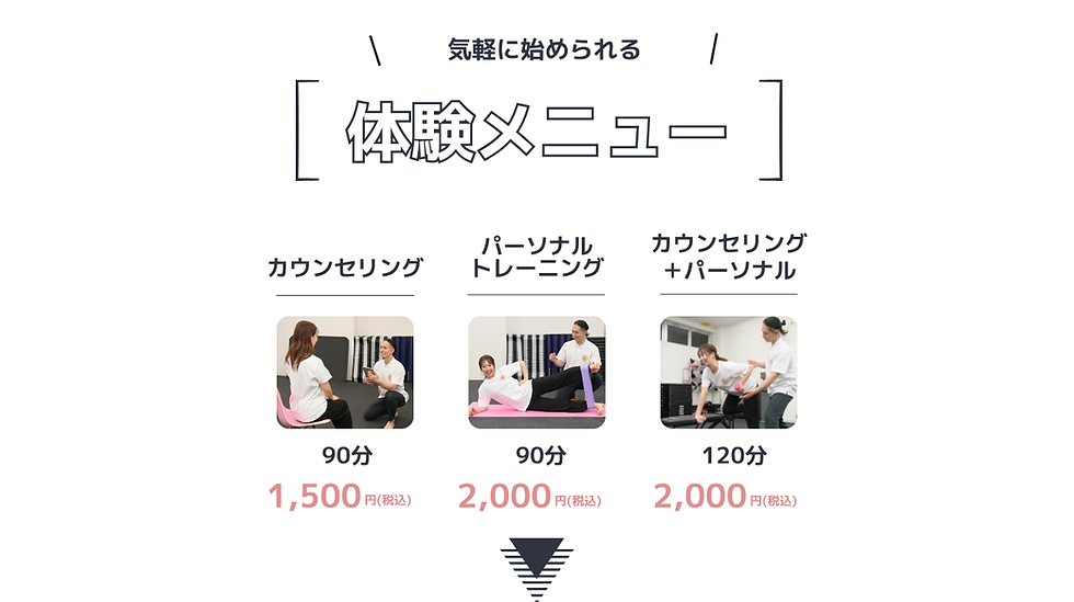 気軽に始められる 体験メニュー カウンセリング 90分 1,500円 (税込) パーソナル トレーニング 90分 2,000円 (税込) カウンセリング＋パーソナル 120分 2,000円 (税込)