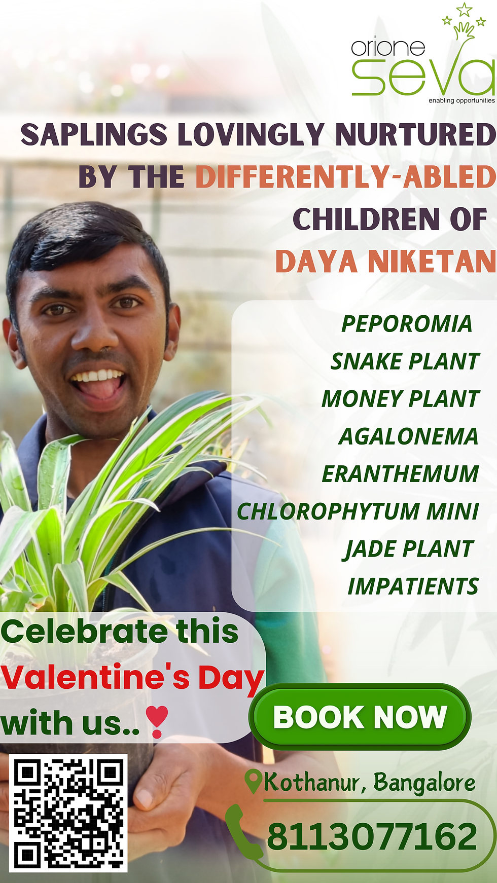 Man smiling and holding plants; text promotes Valentine's day sapling selling campaign by Daya Niketan. Includes plant names, green tones, and contact info.