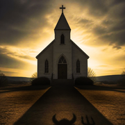 A church building with sinister lighting.