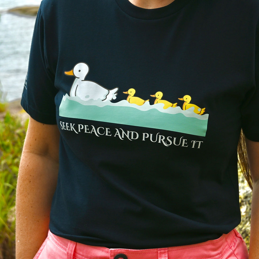 Psalm 3:14 KJV Seek Peace and Pursue It: navy duckling t-shirt, by Revive As The Corn.