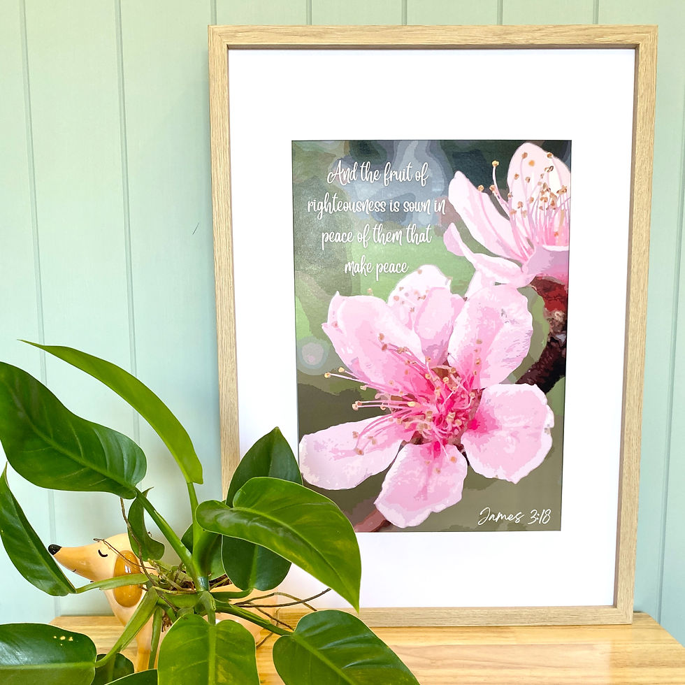 James 3:18 KJV peach blossom poster print, by Revive As The Corn.