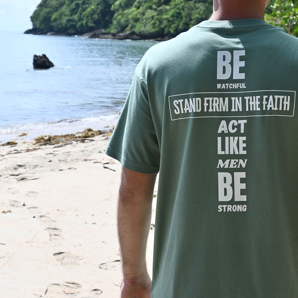 1 Corinthians 16:13 Be Strong sage t-shirt by Revive As The Corn.