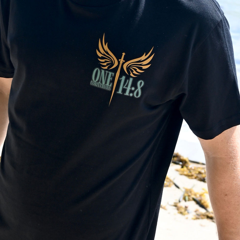 1 Corinthians 14:8 KJV black t-shirt by Revive As The Corn.
