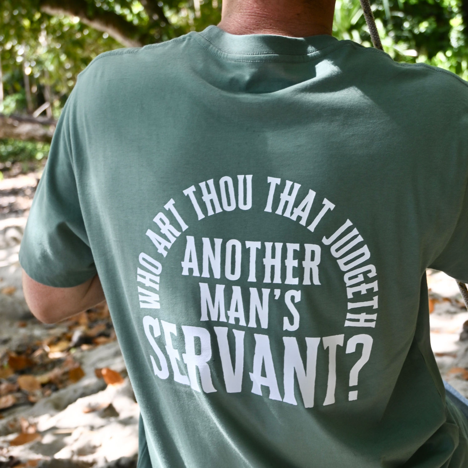Romans 14:4 KJV sage t-shirt by Revive As The Corn.