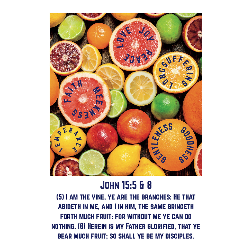 Sliced citrus displaying "LOVE JOY PEACE" and virtues, John 15:5 & 8.