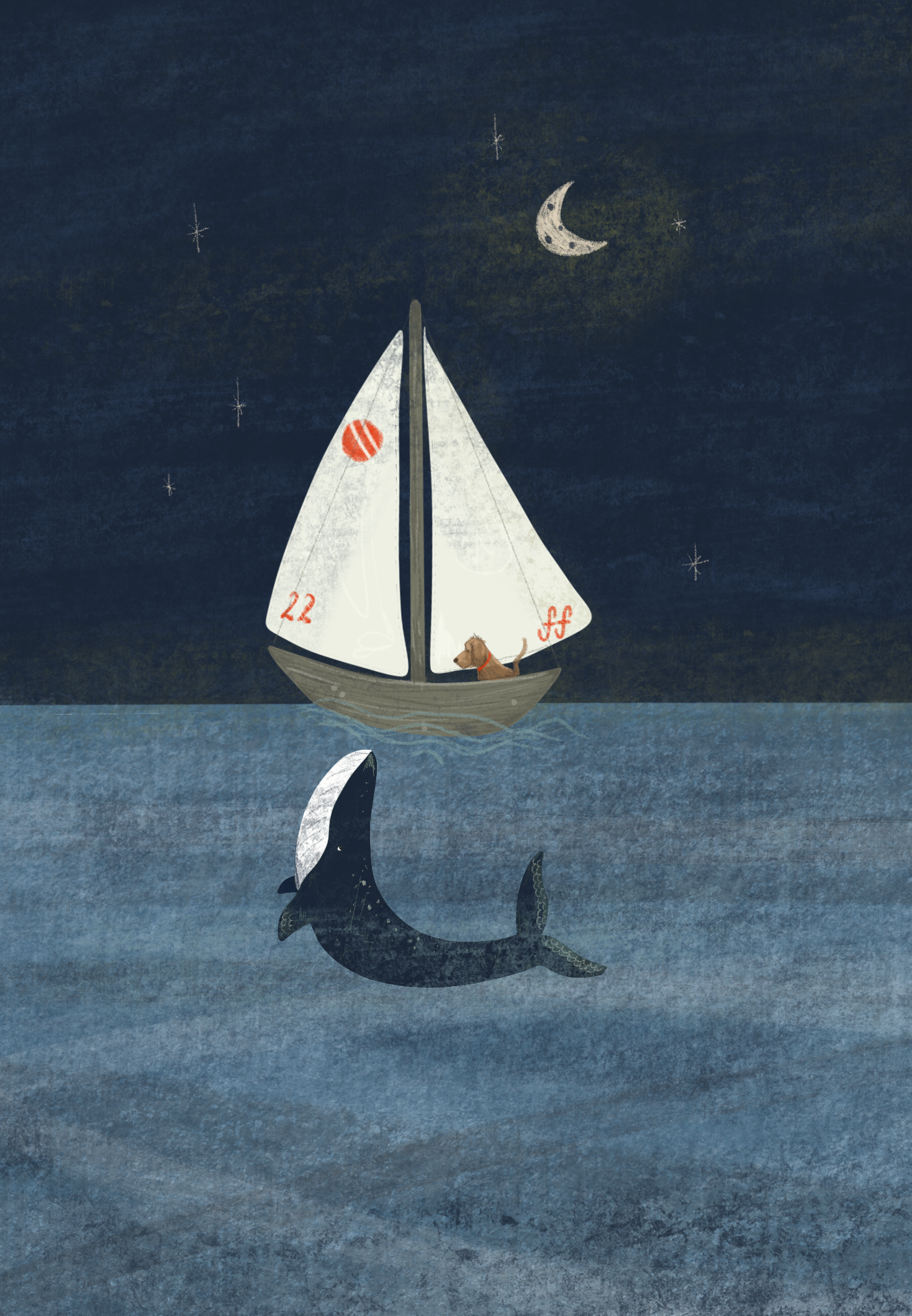Dog in Boat with Whale print A4