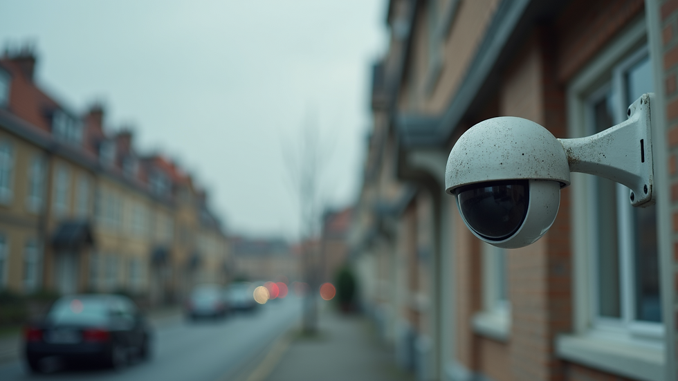 Close-up view of a security camera mounted on a building