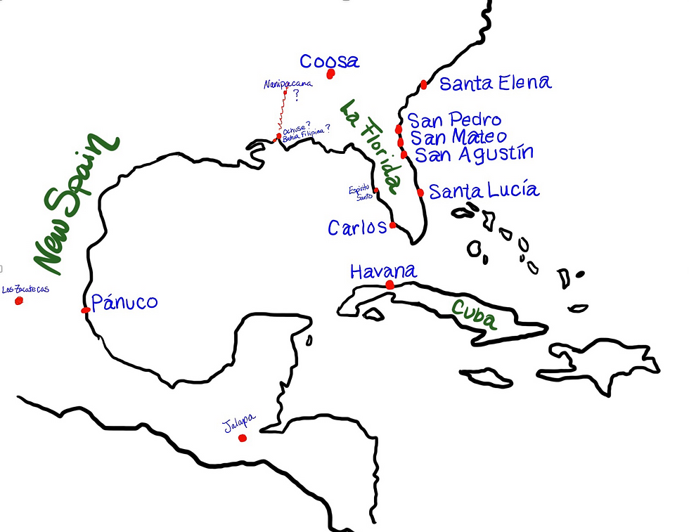 map of la florida and new spain at the time of the tristan de luna expedition. drawn and created by Chessy Ricca.