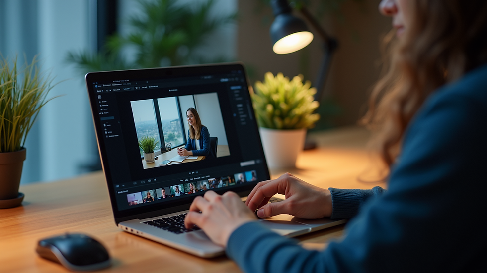 eye-level view of a person editing a short video on a laptop
