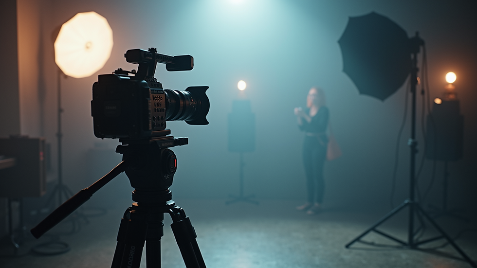 eye-level view of video camera on tripod in studio