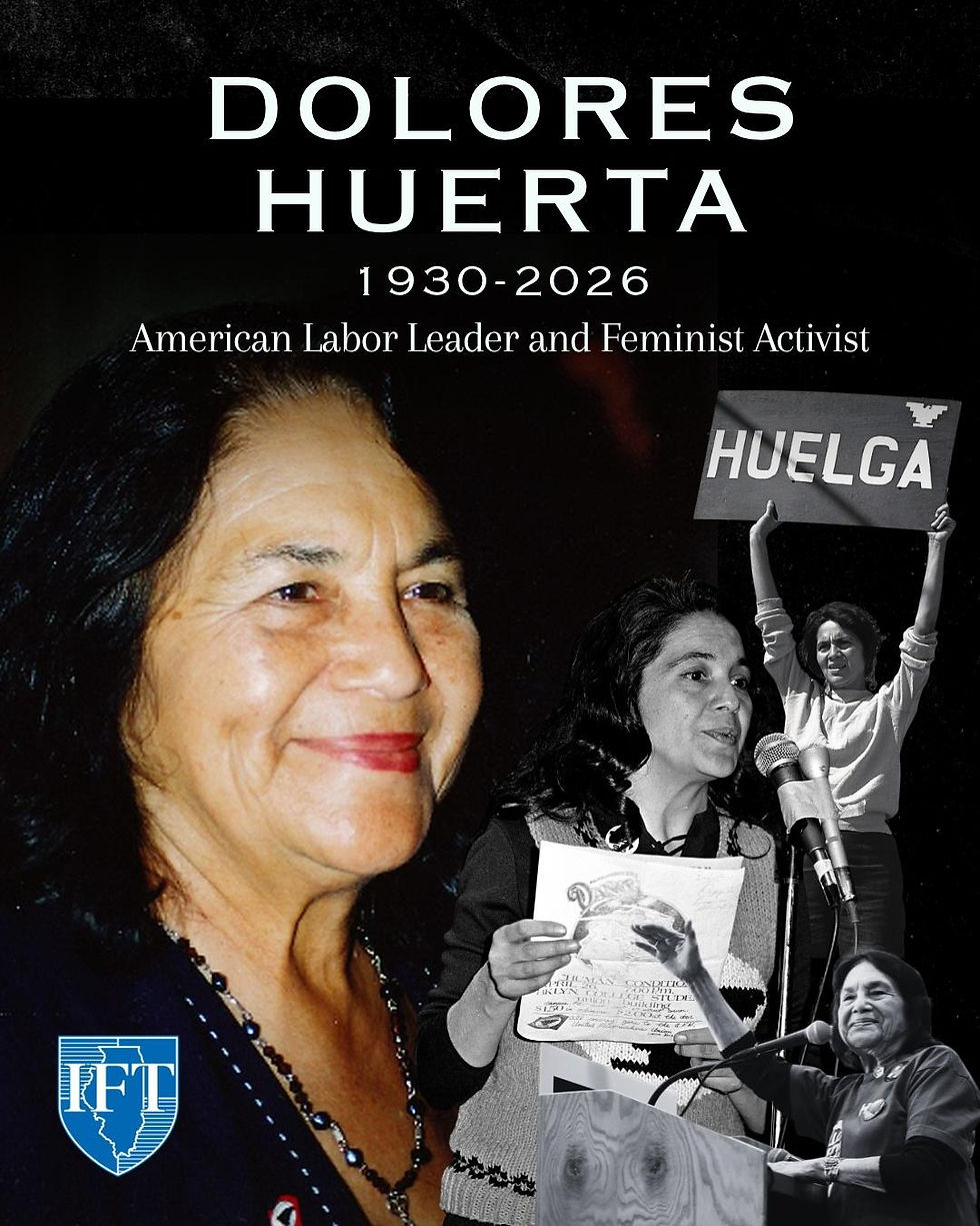 Photos of Dolores Huerta with the dates of her birth and passing (1930-2026)