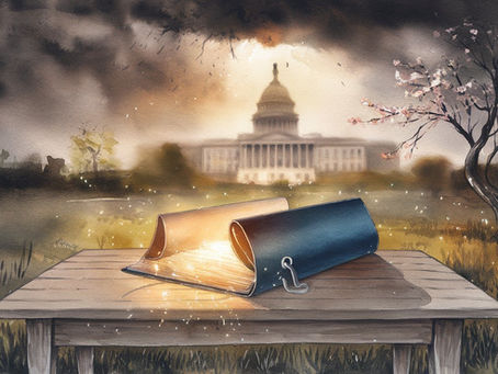 A somber but hopeful landscape showing a stormy sky breaking open to reveal sunlight, symbolizing truth coming to light. In the foreground, a symbolic file folder lies open with glowing light spilling from it, resting on a simple wooden table. Behind it, a blurred U.S. government building fades into shadow. The scene includes natural elements like a tree beginning to blossom, evoking a sense of renewal and strength.