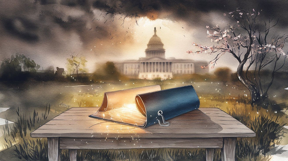 A somber but hopeful landscape showing a stormy sky breaking open to reveal sunlight, symbolizing truth coming to light. In the foreground, a symbolic file folder lies open with glowing light spilling from it, resting on a simple wooden table. Behind it, a blurred U.S. government building fades into shadow. The scene includes natural elements like a tree beginning to blossom, evoking a sense of renewal and strength.