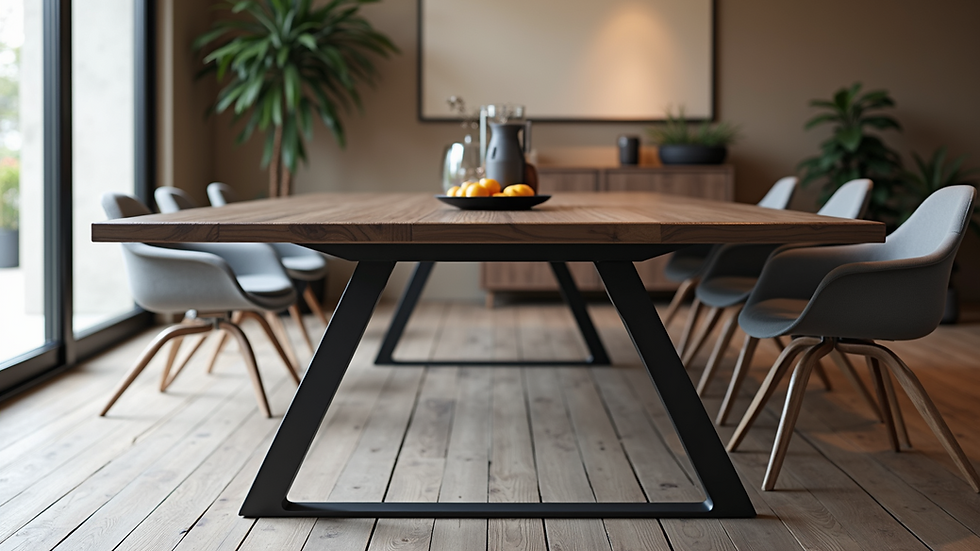 High angle view of a modern dining table with geometric metal legs