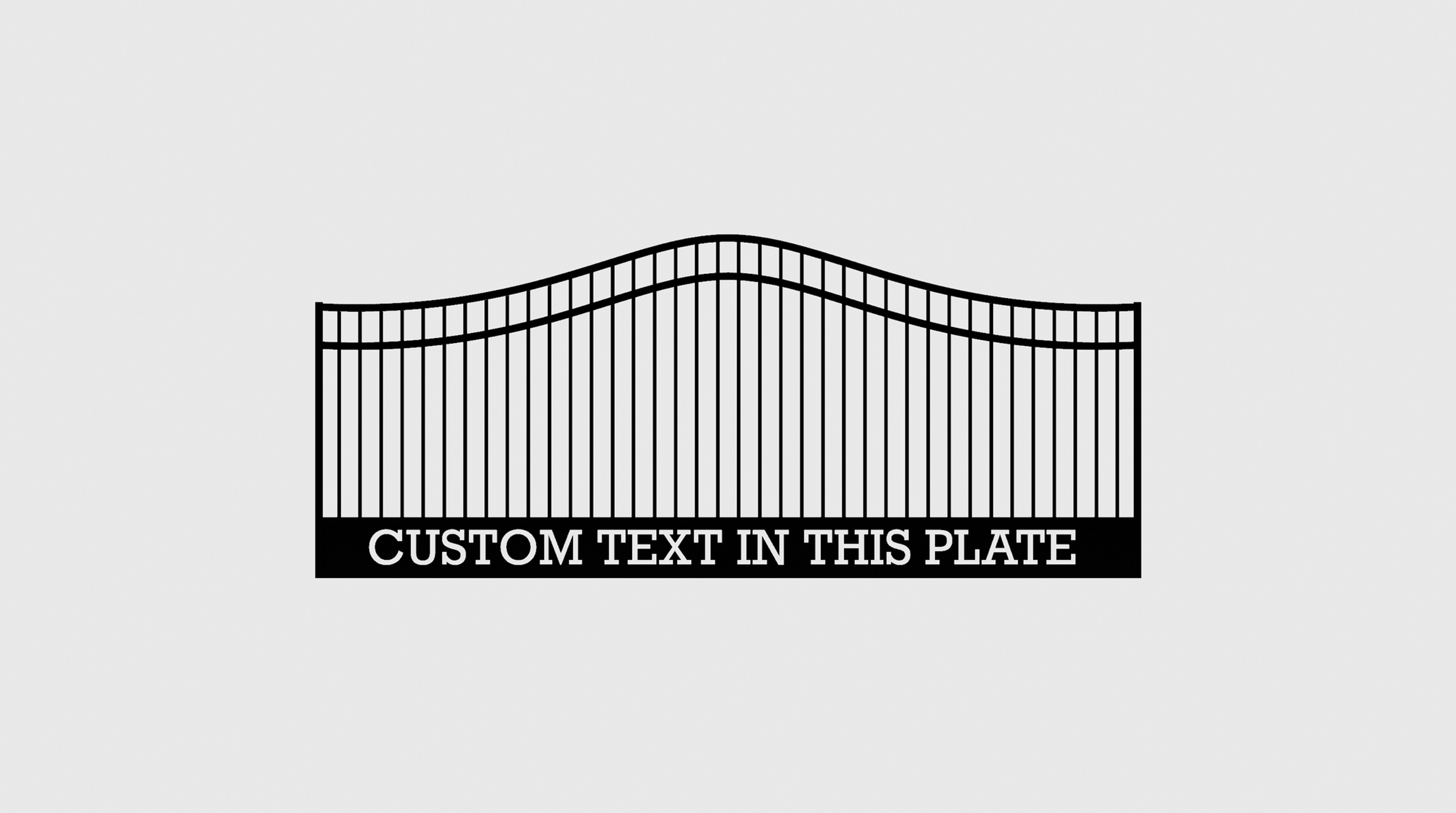 Arched ornamental steel gate design with custom text nameplate, offered by Alvarez Fabrication.