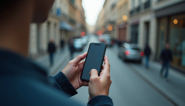 Vista aérea de una persona usando un teléfono móvil en un entorno urbano