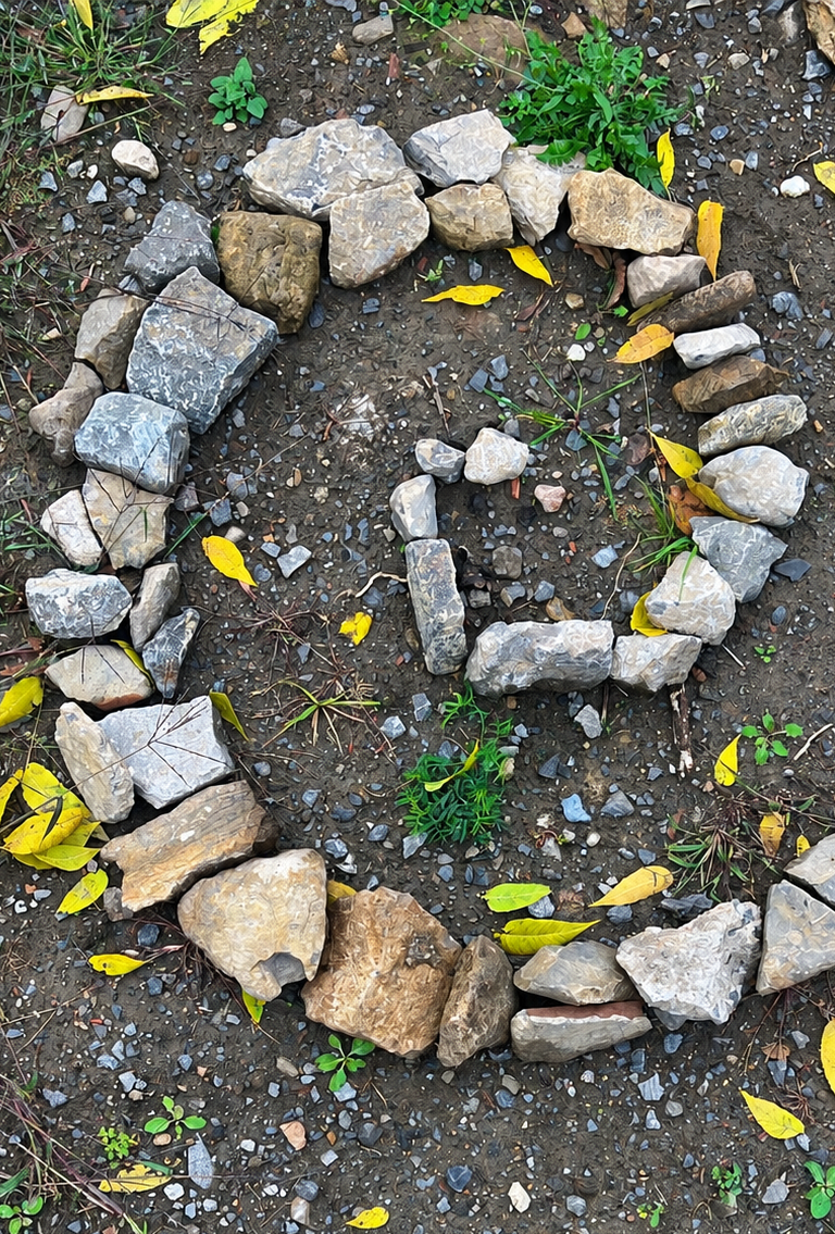 Outdoor photography of stones arranged in a spiral pattern on the ground to form a meditative labyrinth. Faded yellow leaves are scattered around on the dark soil, creating an earthy and reflective mood.