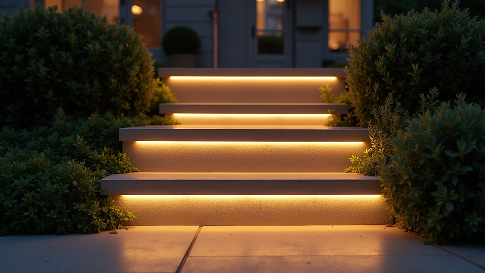 High angle view of waterproof LED strip lights illuminating outdoor stairs