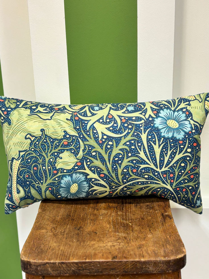 William Morris Seaweed Cushion – Cobalt & Thyme Colour Way | 20” x 12” Handmade Cushion 100% cotton | Queenie and Judge