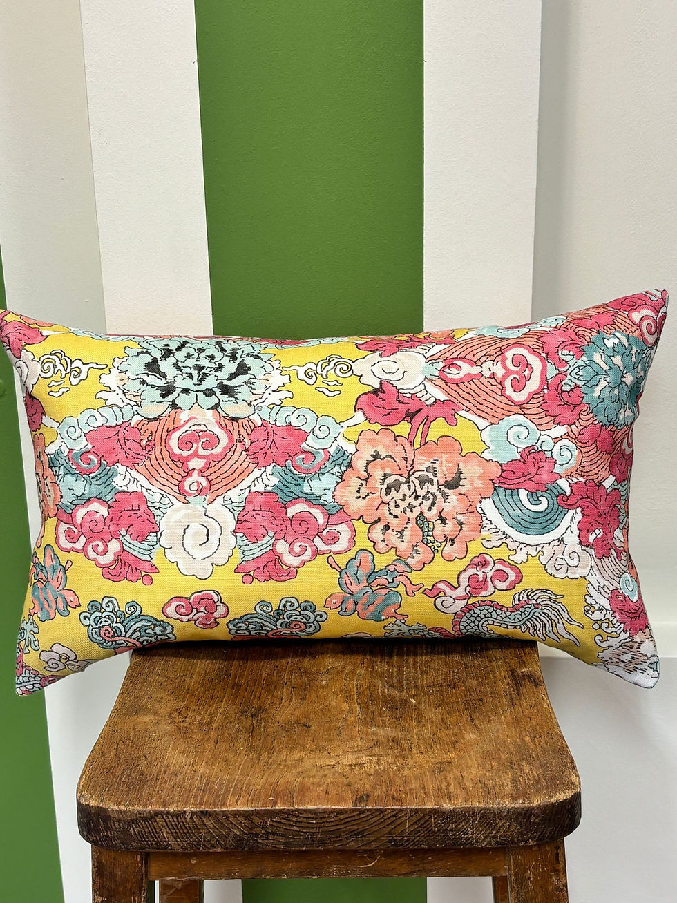 Schumacher Magic Mountain Dragon Cushion – Yellow Colour Way | 20” x 12” Handmade Linen Blend Cushion | Queenie & Judge Kent
