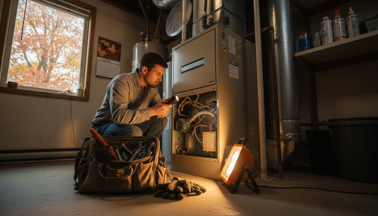 Low-angle view of an HVAC technician inspecting a home furnace with a tool bag nearby.