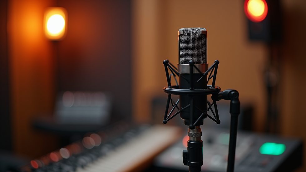 Close-up view of a microphone in a recording studio