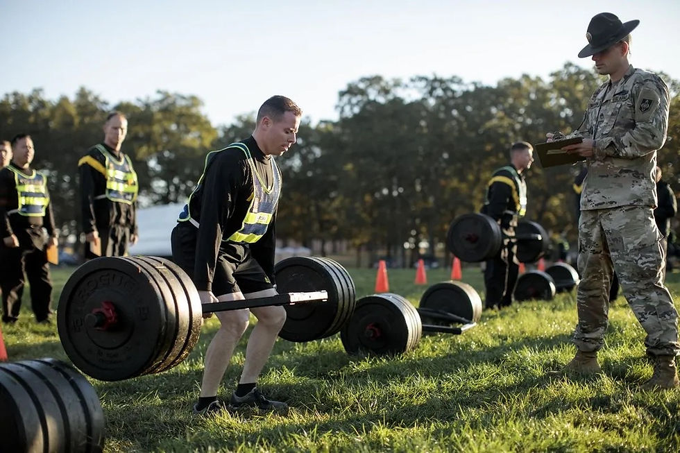 Tactical athlete lifting during AFT. Strength training for tactical athletes. 