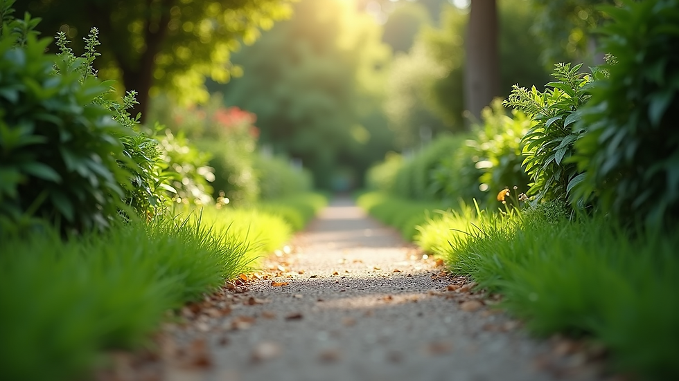 Eye-level view of a serene garden path surrounded by lush greenery