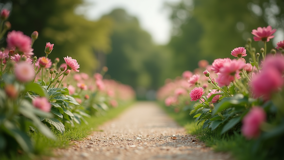 Eye-level view of a serene garden path lined with blooming flowers
