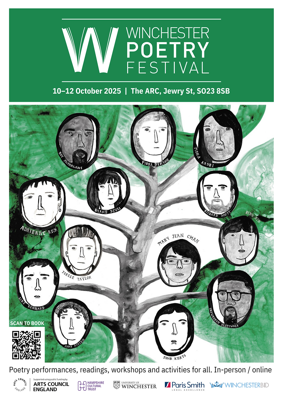 Winchester Poetry Festival poster with Lily's black and white ink illustrations of poets like Joelle, Mary Jean, Luke Kennard, John Keats, Diane Seuss and so on