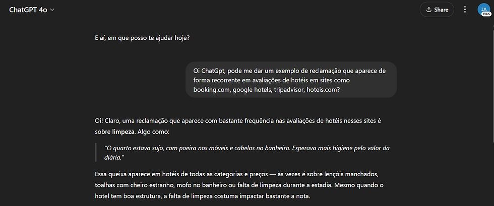 Fig.1 : Exemplo de pergunta ao ChatGpt sobre reclamações recorrentes a hotelaria