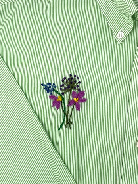 HAND EMBROIDERED GREEN AND WHITE STRIPED SHIRT- MEN'S LARGE