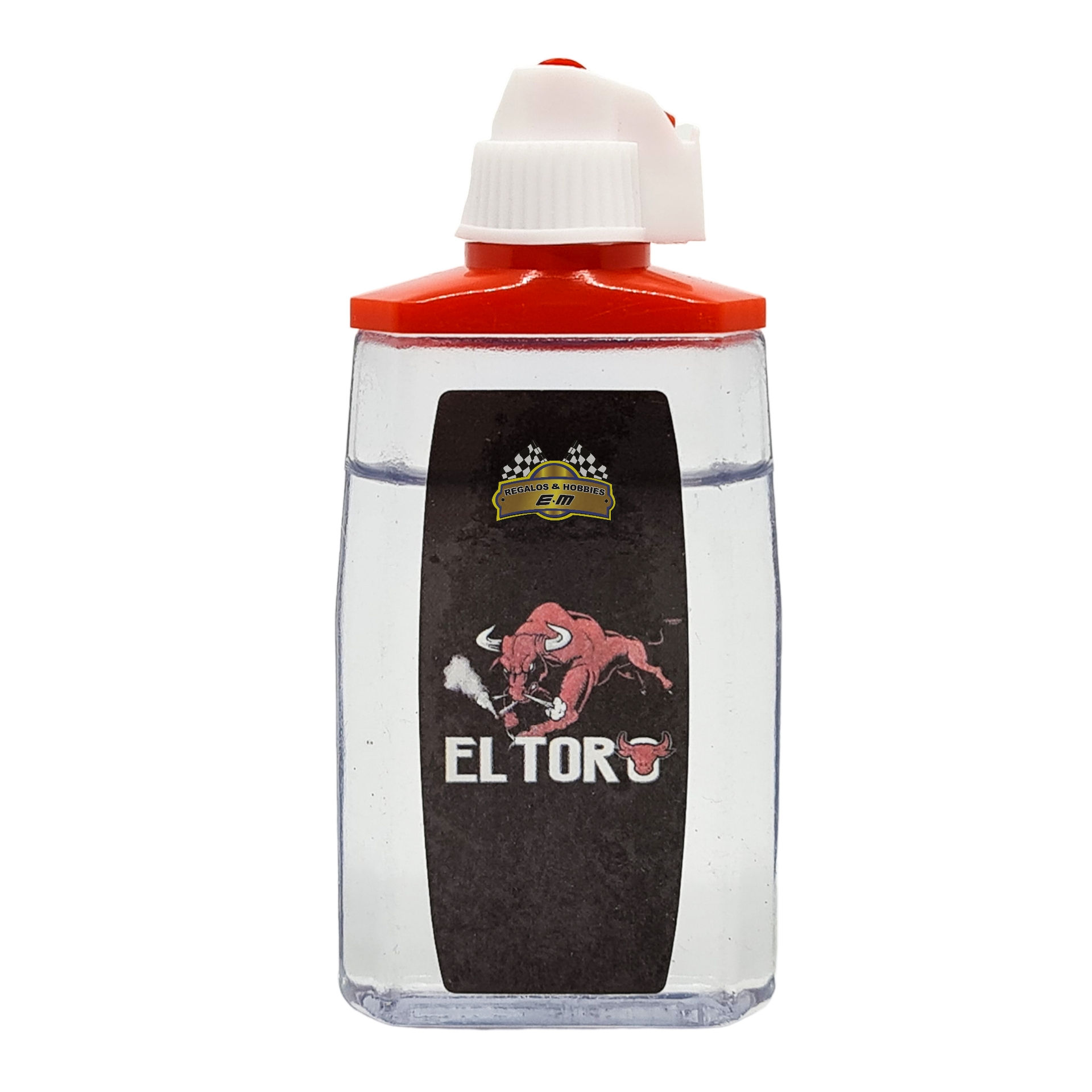Botella transparente 'El Toro' con tapón rojo