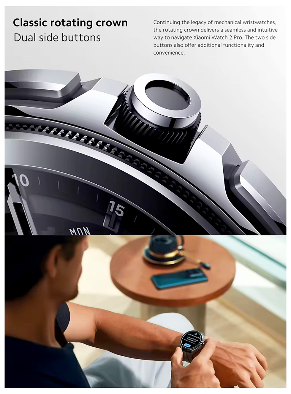 Miniatura: Xiaomi Watch 2 Pro Plateado corona giratoria y dos botones laterales