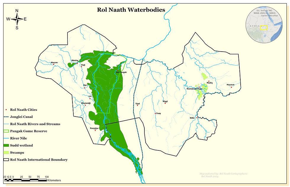 Nuerland Map showing Sudd wetland, Pangak Game Reserve, and Nuerland waterbodies.