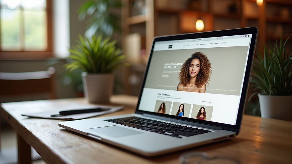 Eye-level view of a laptop screen showing an online store for organic hair products