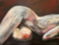 Painting called REby artist Krista M. Jones of a female reclining nude figure wth dark black to red background. Figure is cropped much like a photograph.T