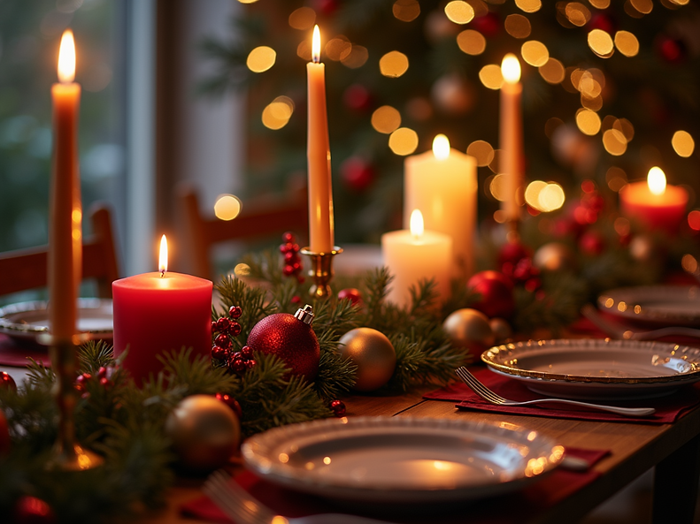 A-festive-Christmas-table-setting-with-candles-and-ornaments-creating-a-warm-and-inviting-