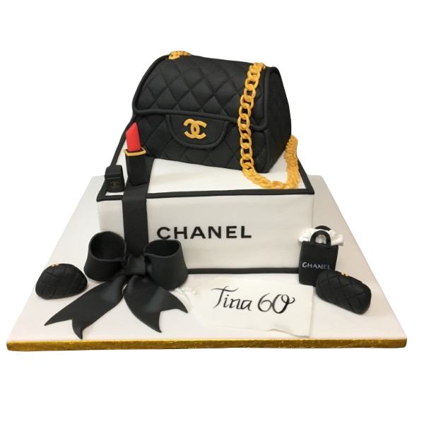 Bespoke Chanel-themed cake with black and white design, quilted pattern, and gold accents in Solihull, West Midlands.