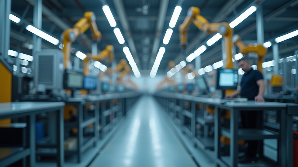 Eye-level view of a modern manufacturing plant with automated machinery