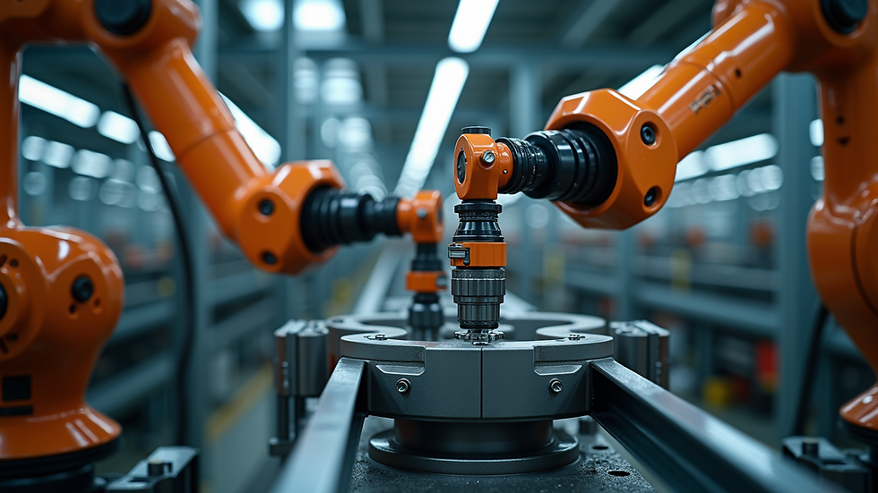 Close-up view of robotic arms assembling heavy machinery components