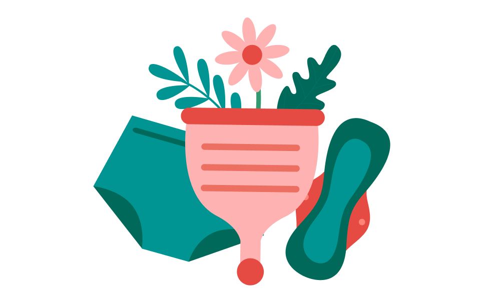 Illustration of menstrual cup, period underwear and cotton pad