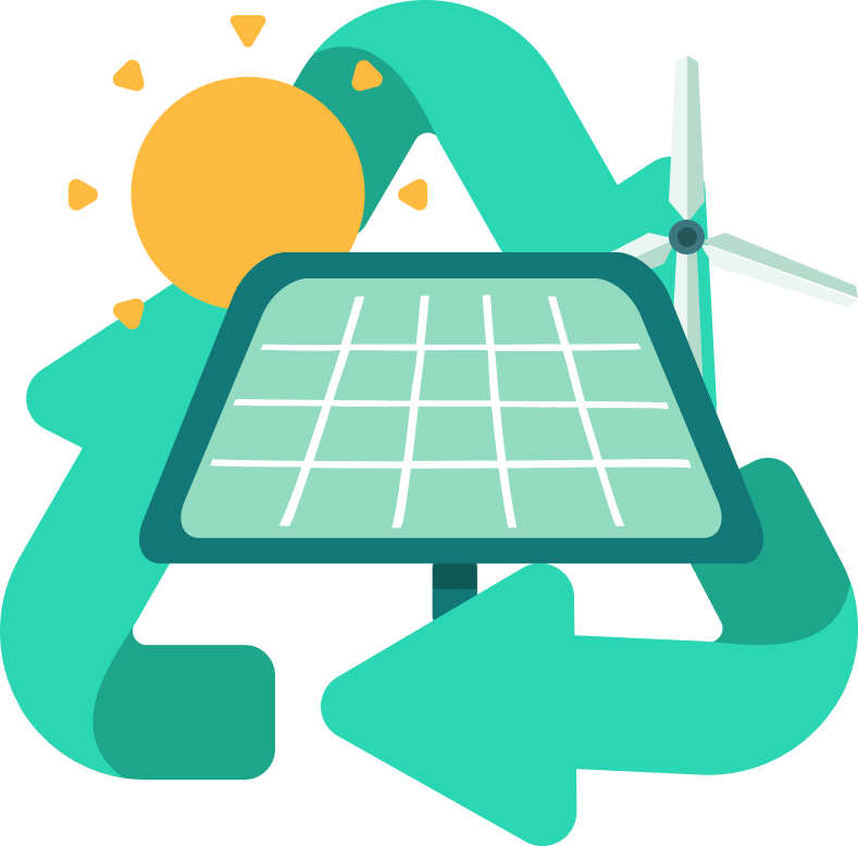 Illustration of solar panel, wind turbine and sun in circular economy