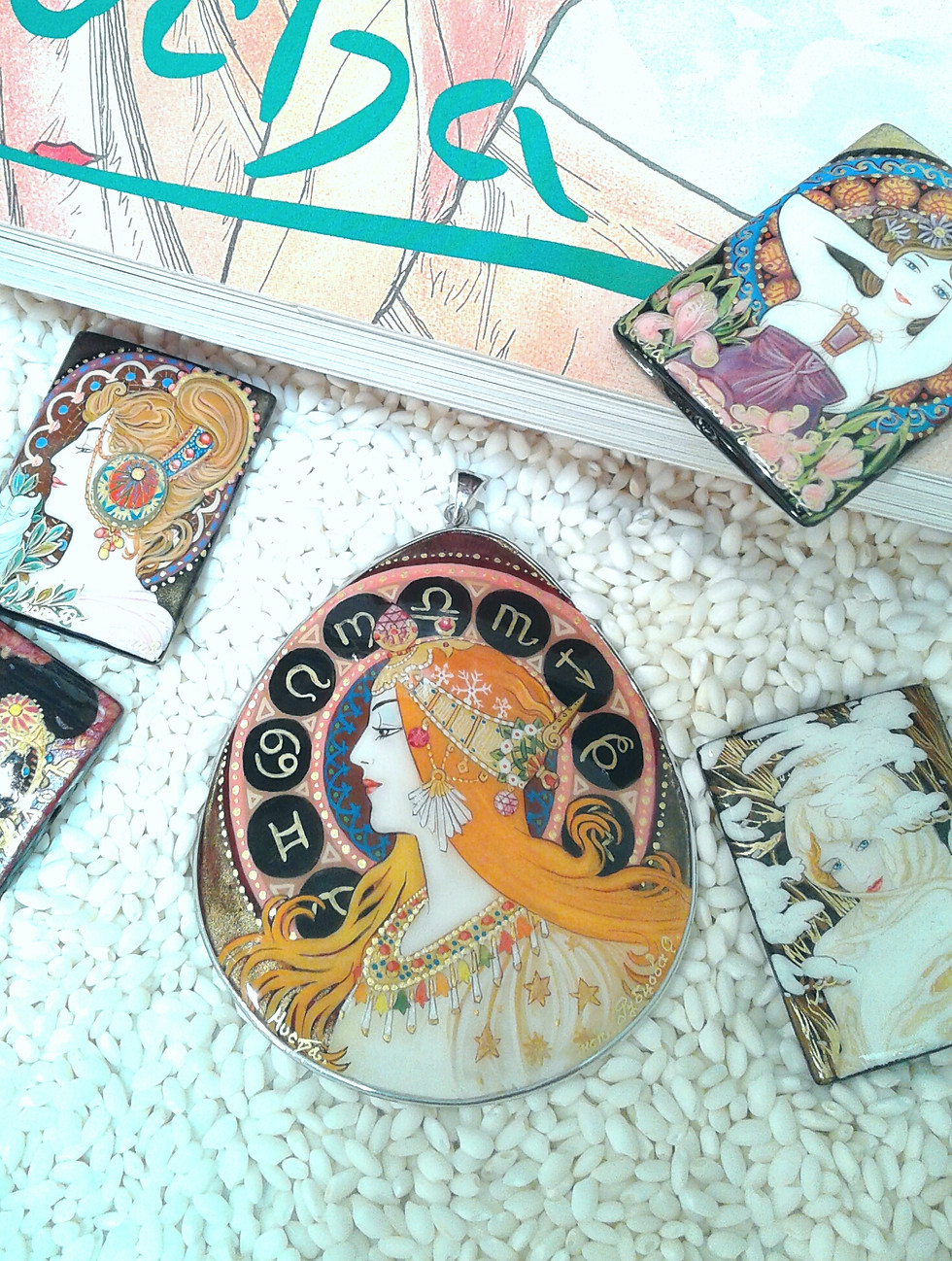 Thumbnail: Hand painted Mucha Sterling Silver setting-Zodiac