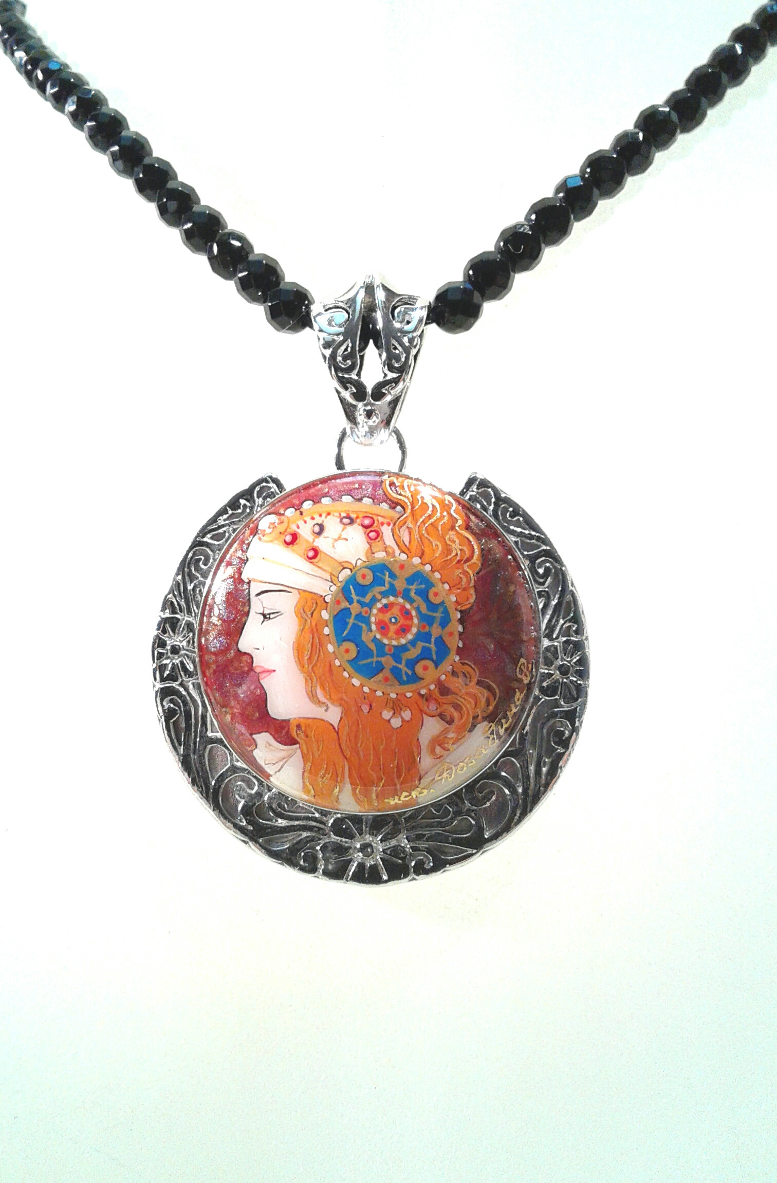 Hand painted Mucha Sterling Silver setting, Blondet